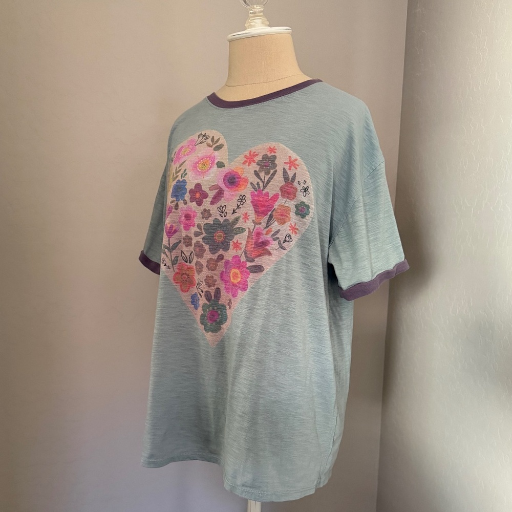 Natural Life Women's Oversized Ringer Floral Heart Colorful T-shirt Size XS - Picture 3 of 7